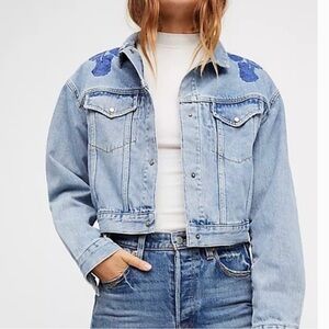 Free People Blue Denim Jacket with Floral Embroidery